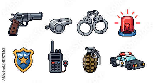 Pixel art police equipment icons: whistle, handcuffs, radio, patrol car