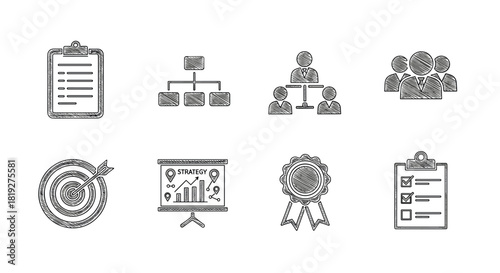 Hand drawn business icons set featuring charts, targets, and team structures