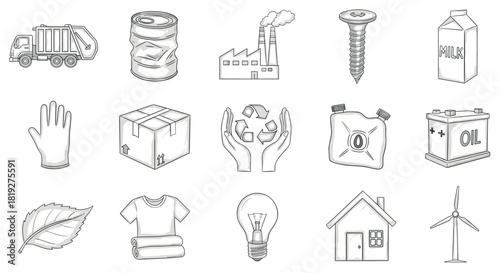 Hand drawn eco friendly doodle set: recycling, energy, and sustainability symbols