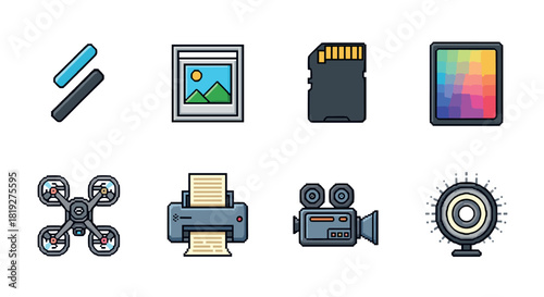 Colorful technology icons set in pixel art style