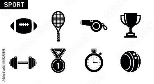 Retro pixel sports icons collection: football, tennis, whistle, trophy, dumbbell, medal, stopwatch, baseball