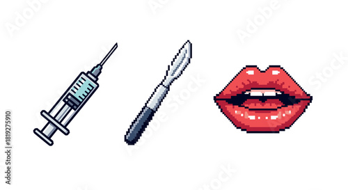 Cosmetic surgery icons in retro pixel art style