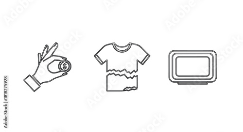 Minimalist line art icons of thrift shopping and sustainable living