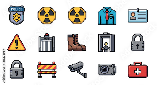 Pixel art security icons set: surveillance, safety, and access control elements