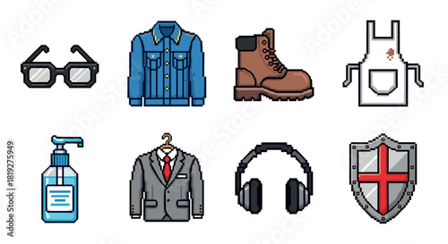 Retro pixel art: diverse objects collection with clothing and accessories