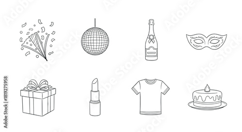 Hand-drawn party icons featuring disco ball, mask, and champagne bottle