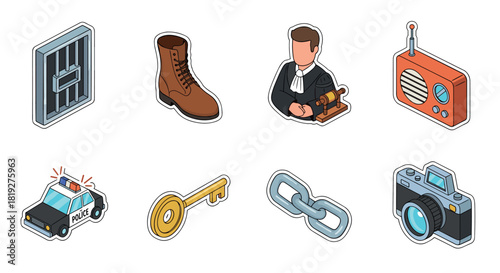 Isometric law and media icons collection featuring judge, police car, radio, and more