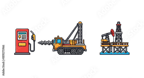 Retro pixel art of gas pump, drilling machine, and oil rig icons