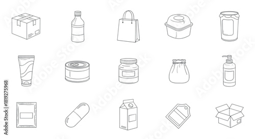 Minimalist linear packaging icons set with various everyday containers