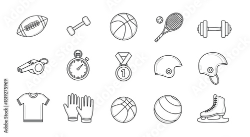 Sports equipment collection in linear style: icons of popular games and gear