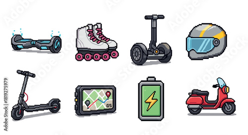 Retro pixel transportation icons: hoverboard, scooter, segway, helmet, map, battery