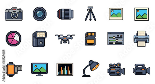 Retro pixel art photography icons pack with cameras and accessories