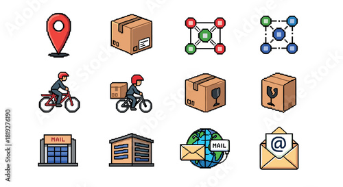 Pixel art delivery icons featuring bikes, packages, and mail services