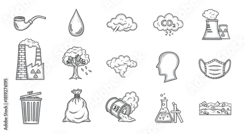 Sketch style environmental icons highlighting pollution and climate change awareness
