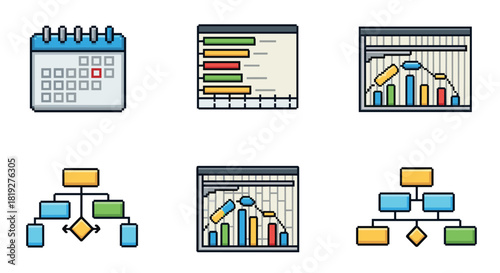 Pixel art icons of financial graphs and organizational charts with calendar