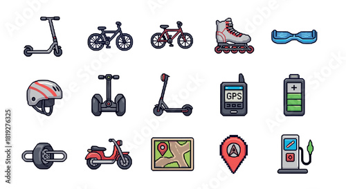Pixel style icons of modern transportation and navigation