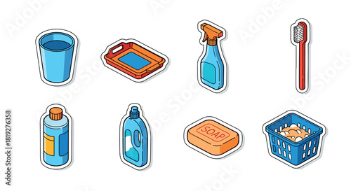 Daily essentials isometric icons: bathroom and cleaning supplies