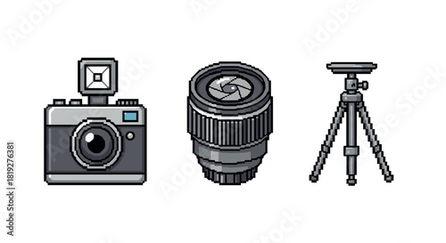 Pixel art photography equipment: camera, lens, and tripod icons