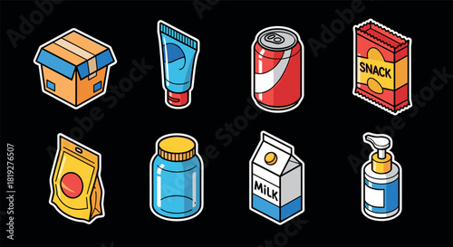 Colorful isometric icons of everyday food and household containers on black background