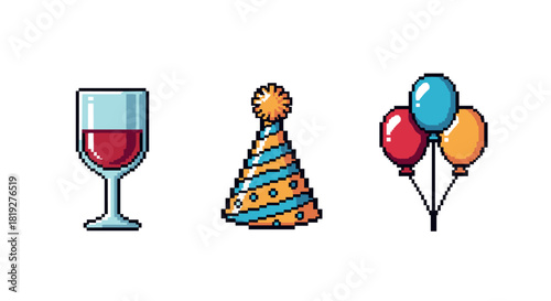 Pixel art celebratory icons with wine glass, party hat, and balloons