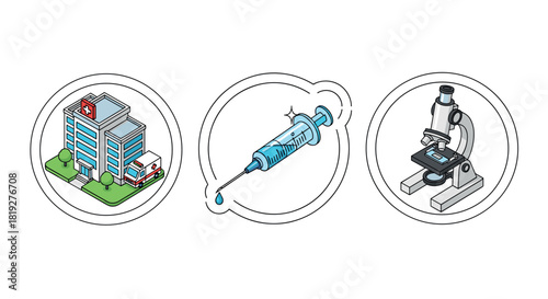 Medical equipment and healthcare facilities in isometric style