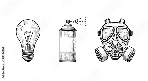 Hand-drawn vintage lightbulb, spray can, and gas mask design