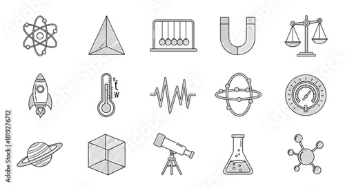Scientific doodles: linear icons of physics, chemistry, and space objects in hand-drawn style