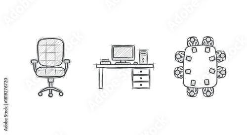 Sketch style office furniture and equipment with chair, desk, and meeting table