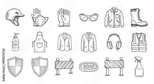 Hand-drawn sketches of safety equipment and protective clothing