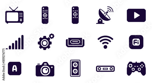 Minimalist technology icons set: gadgets, connectivity, settings, and media symbols