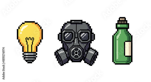 Pixel art icons: lightbulb, gas mask, and bottle with vintage charm