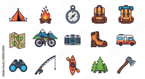 Outdoor adventure icons set: camping, hiking, and travel essentials in flat design