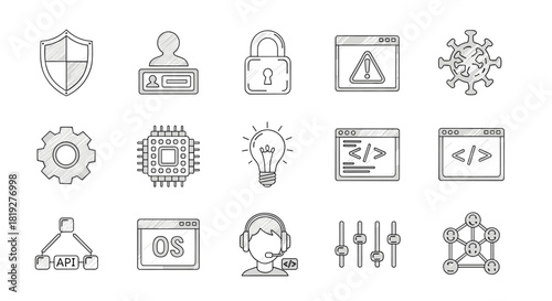 Technology doodle icons: security, development, support, and innovation concepts