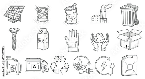 Recycling and sustainability: hand-drawn eco elements and symbols