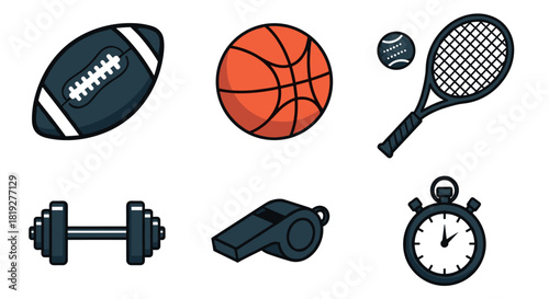 Set of sports equipment icons featuring football, basketball, tennis, dumbbell, whistle, stopwatch