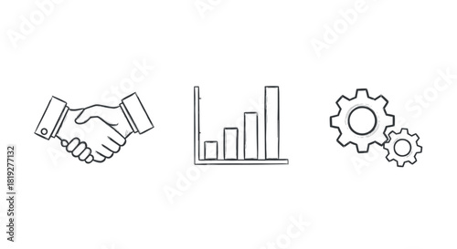 Minimalist business icons: handshake, bar chart, gears in linear style