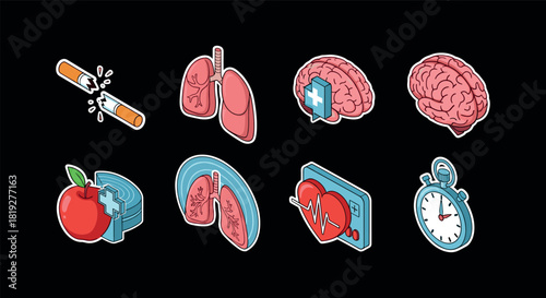Healthcare icons set with lungs, brain, heart, and healthy lifestyle symbols