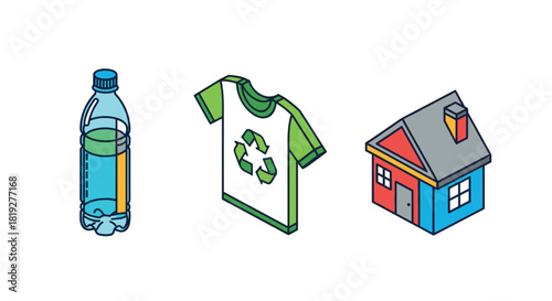 Eco-friendly symbols in isometric design: bottle, recycle shirt, sustainable home