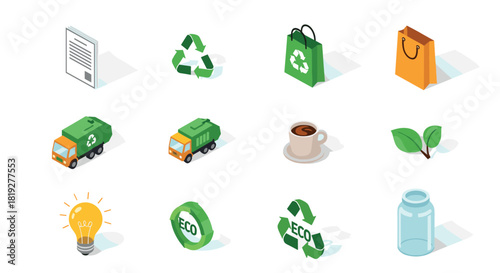 Eco-friendly isometric icons set with recycling symbols, green transportation, and sustainable lifestyle elements