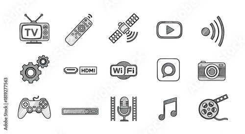 Sketched media and technology icons: hand-drawn style for digital applications