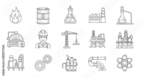 Industrial icons set: hand-drawn energy, oil, and manufacturing elements