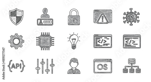 Chalk style technology and security icons with code and network elements