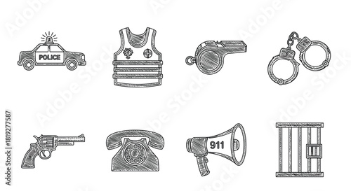 Hand drawn police equipment icons set with sketch style