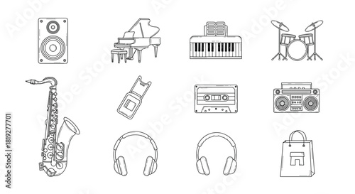 Outline collection of musical instruments and accessories