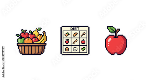 Pixel art fresh fruit basket and diet plan with apple