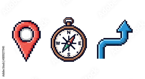 Pixel art navigation symbols: map pin, compass, arrow
