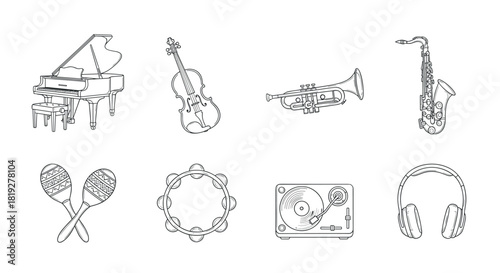 Linear style musical instrument set featuring violin, trumpet, and headphones