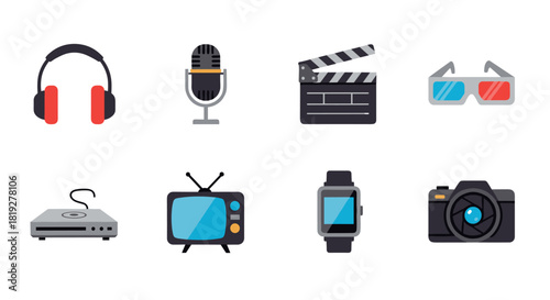 Retro multimedia icons set: flat design of vintage tech gadgets and accessories