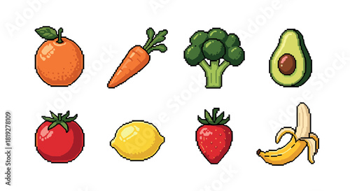 Colorful pixel art fruits and vegetables collection