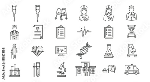 Healthcare icons set featuring medical symbols and equipment